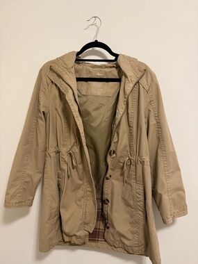 L.L. Bean Tan Hooded Drawstring Trench Coat- Large Petite